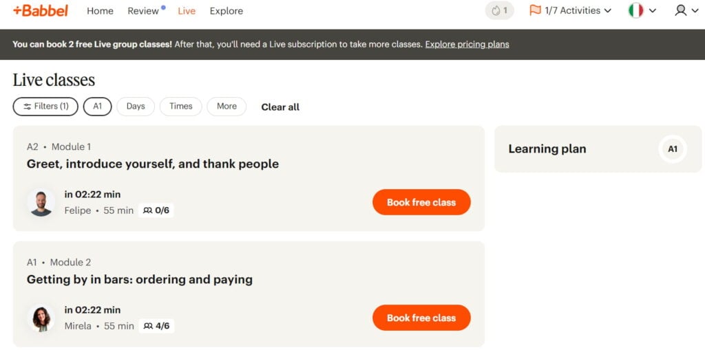 babbel italian live classes