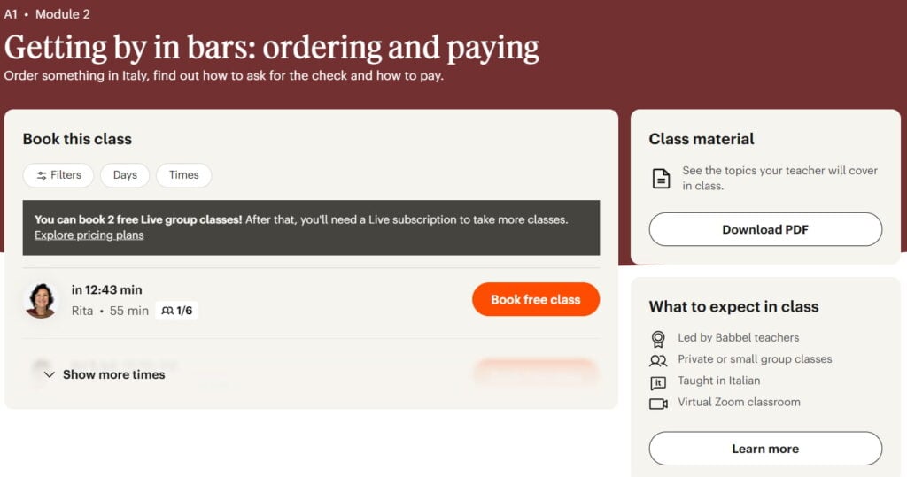 babbel italian live classes two