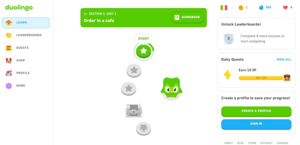 duolingo italian review ui