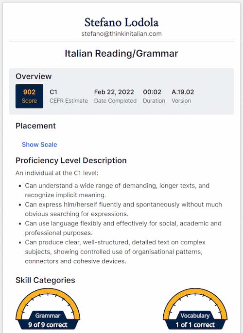 italian grammar test results