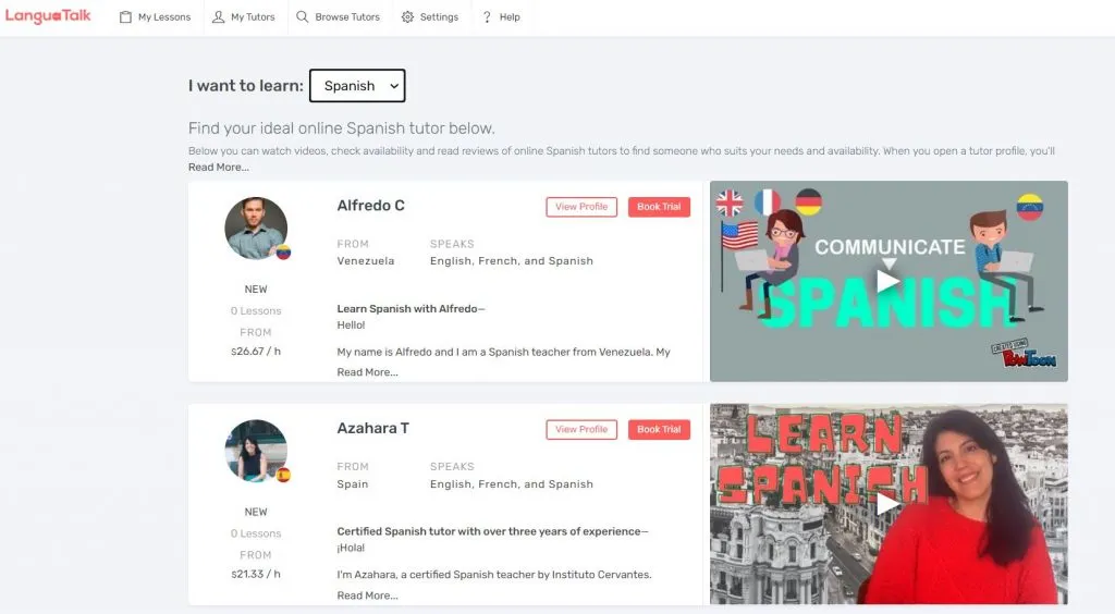 LanguaTalk tutor listings and platform navigation