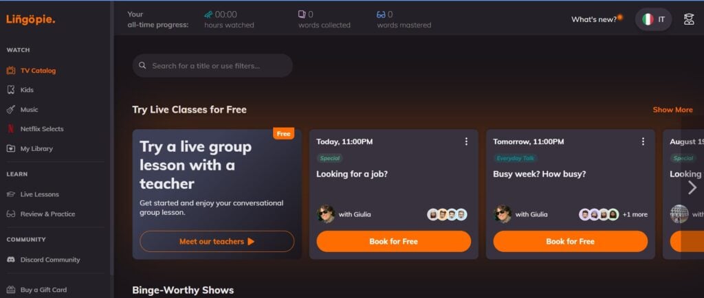 lingopie italian review homepage