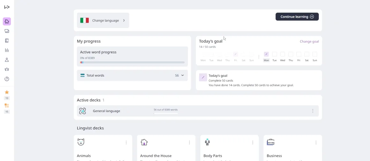 Lingvist dashboard and progress overview