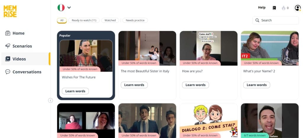 memrise review italian videos