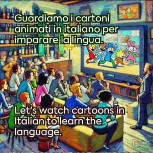 Guardiamo i cartoni animati in italiano per imparare la lingua.