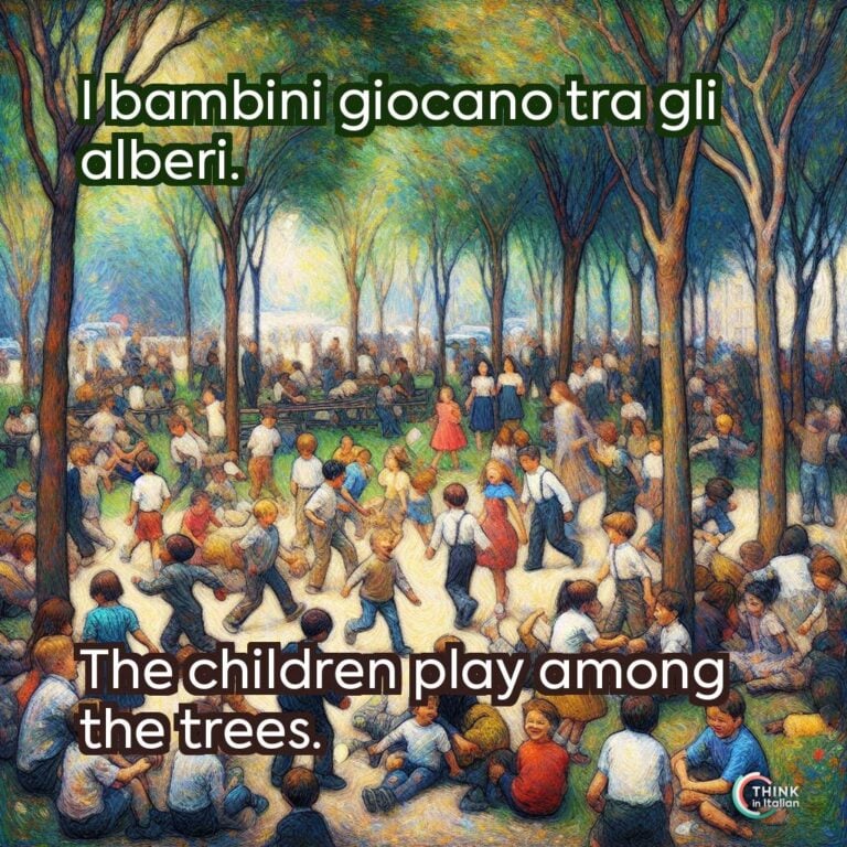 I bambini giocano tra gli alberi.