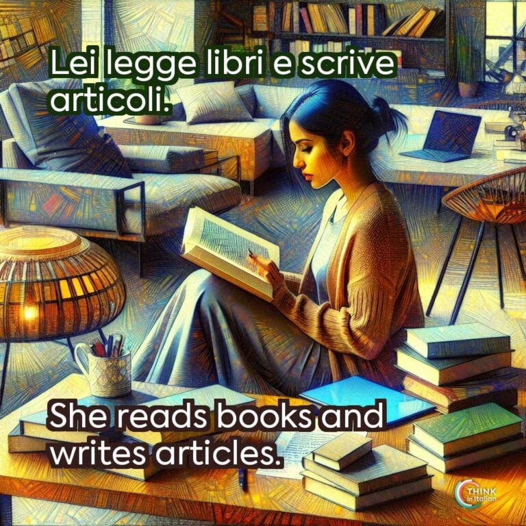 Lei legge libri e scrive articoli.