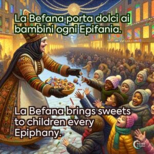 La Befana porta dolci ai bambini ogni Epifania.