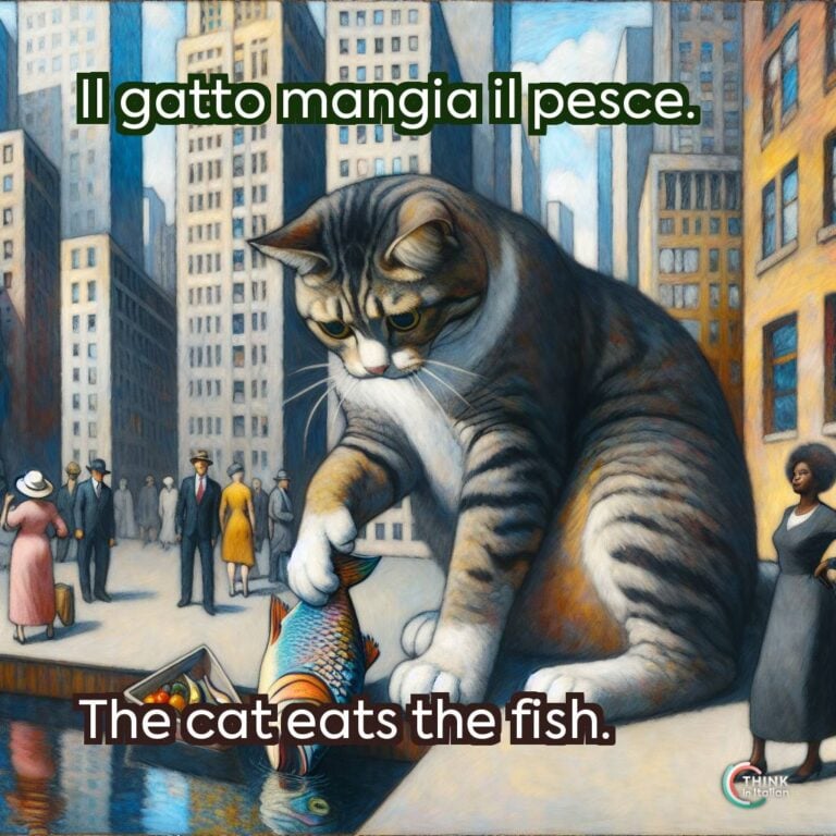 Il gatto mangia il pesce.