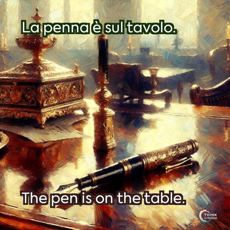 La penna è sul tavolo.  