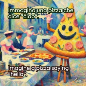 Immagina una pizza che dice "ciao".