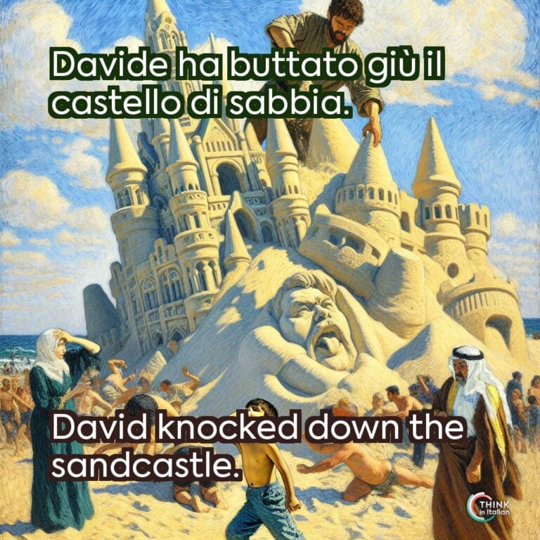 Davide ha buttato giù il castello di sabbia.