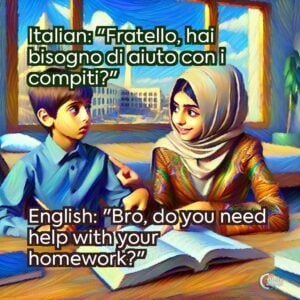 Italian: "Fratello, hai bisogno di aiuto con i compiti?"